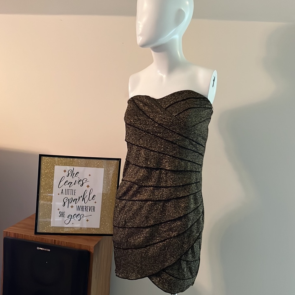 NWT BCX Strapless Black and Gold Thread Party Dress